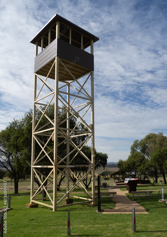 Guard tower at the historic prisoner of war camp at Cowra, Australia Guard tower at the historic prisoner of war camp at Cowra, Australia