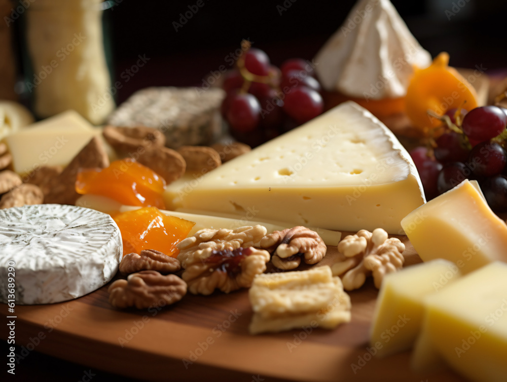 A close-up shot of a gourmet cheese platter with a variety of artisanal cheeses and accompaniments.
