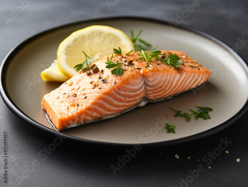 A plate of perfectly seared salmon fillet with a lemon wedge and a sprinkle of herbs.