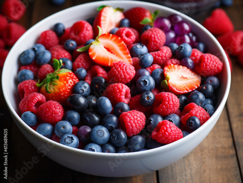 A vibrant bowl of mixed berries  including strawberries  blueberries  and raspberries.