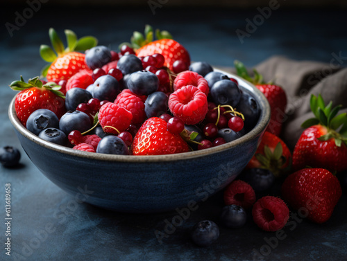 A vibrant bowl of mixed berries  including strawberries  blueberries  and raspberries.