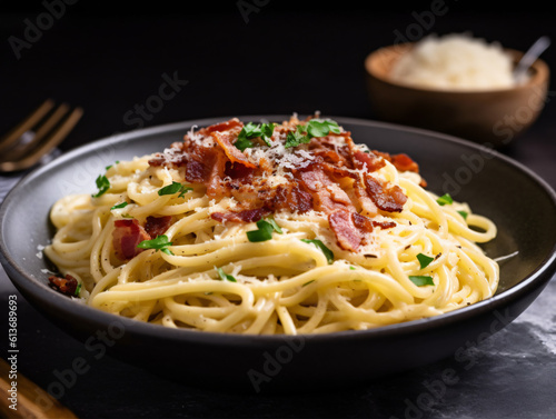 A bowl of creamy pasta carbonara garnished with crispy bacon and grated cheese.