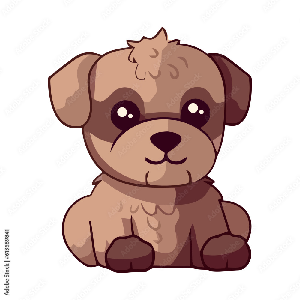 Cute cartoon puppy sitting on lap, smiling