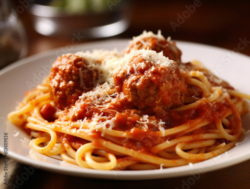 A classic spaghetti and meatballs dish with a rich tomato sauce and grated Parmesan cheese.