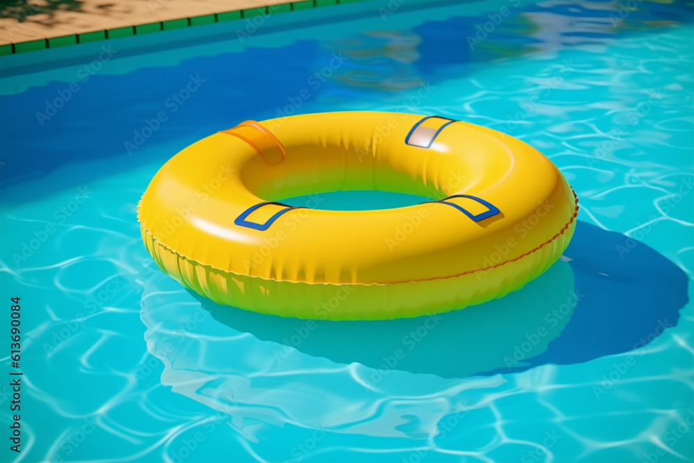 3d render of yellow inflatable ring in swimming pool with blue water