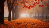 A city park in autumn with colorful foliage and one person in the distance in the early morning glowing light. Generative AI. 