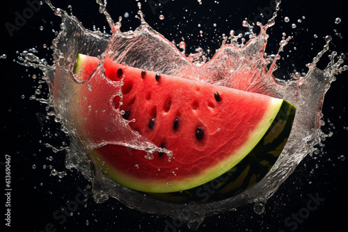 Watermelon in water splash, isolated on black background with clipping path