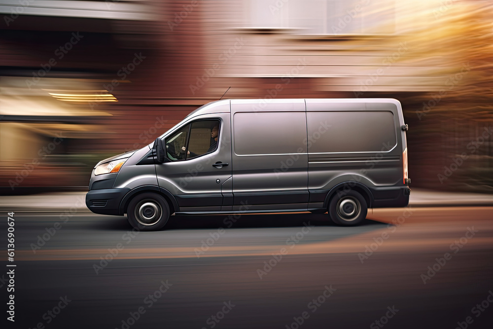 A delivery Silver van with glowing lights and fast motion blur. Generative ai