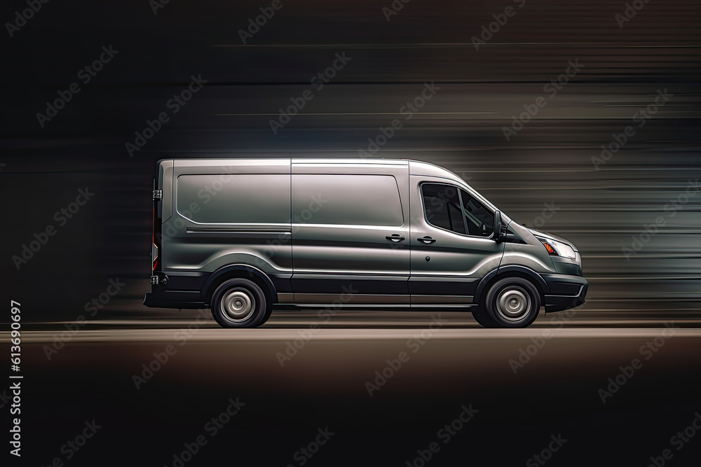 A delivery Silver van with glowing lights and fast motion blur. Generative ai