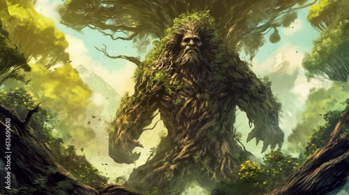 A treant defending its forest home from intruders. Fantasy concept , Illustration painting. photo