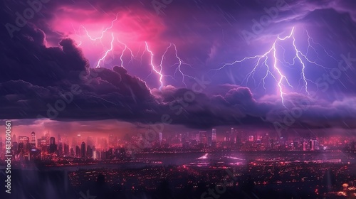 A thunderstorm over a city skyline. Fantasy concept , Illustration painting. © X-Poser