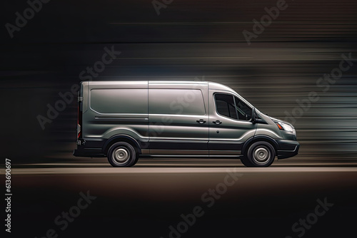 A delivery Silver van with glowing lights and fast motion blur. Generative ai © Sattawat