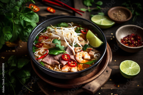soup meal background japanese meat vegetable asian hot noodle bowl food. Generative AI. © SHOTPRIME STUDIO
