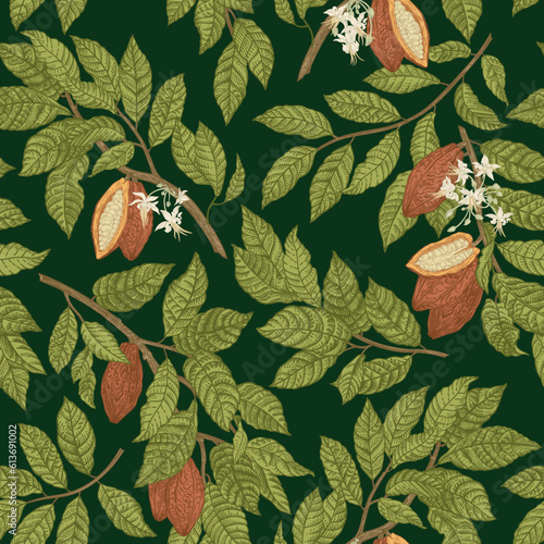 Seamless pattern with cocoa plants. Green branches with fruits on a dark background. Vector botanical illustration.