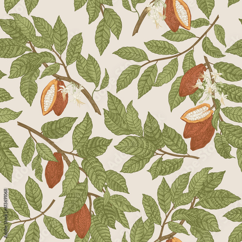 Seamless floral pattern. Branches of cocoa with fruits and flowers. Vector botanical illustration. Colorful.