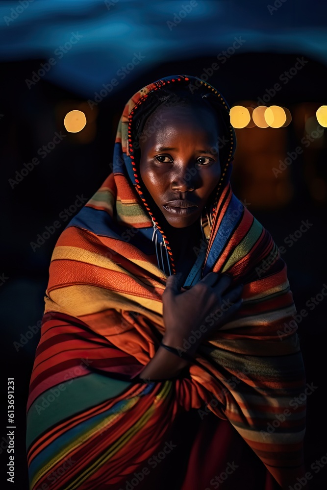 A woman wrapped up in a colorful blanket. Generative AI. A woman wrapped up in a colorful blanket. Generative AI.