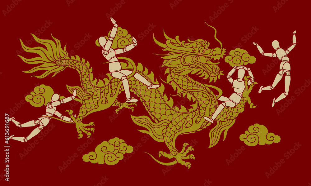 Wooden puppet and dragon graphics character design Chinese line style pattern on seamless background use for festive decoration.