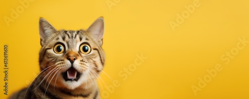 Young crazy surprised cat make big eyes closeup on yellow background