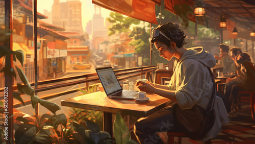 Capture the essence of a digital nomad's life as they work on their MacBook in a lively cafe setting, evoking a sense of freedom and productivity