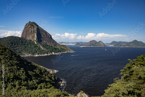 Sugarloaf Mountain and sea seen from Forte do Leme in Rio de Janeiro, Brazil.