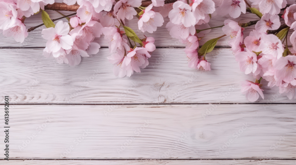 Pink cherry blossoms on white wooden background Pink cherry blossoms on white wooden background