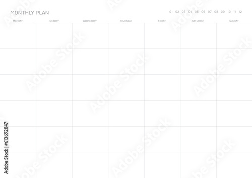 A monthly plan template with a simple and minimal style. Note, scheduler, diary, calendar planner document template illustration.