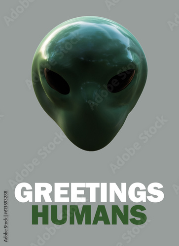 Alien Gray Green Extraterrestrial ET 3D Rendering Illustration Graphics Fun Salutation Greetings