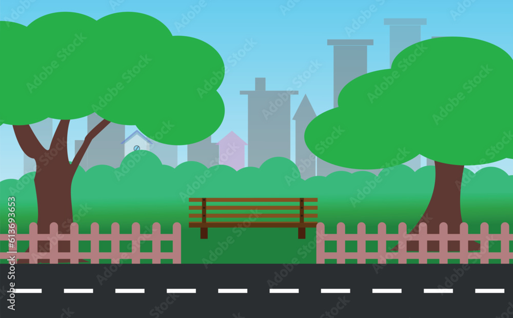 Obraz premium City park with green trees and grass, wooden bench, lanterns and town buildings on skyline. Vector cartoon summer landscape with empty public garden, birds and sun beams