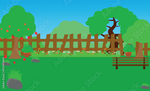 Fence and green lawn, rural landscape background. Vector garden backyard with wooden hedge, trees and bushes, grass and flowers, park plants. Spring summer outside landscape. Farm natural agriculture