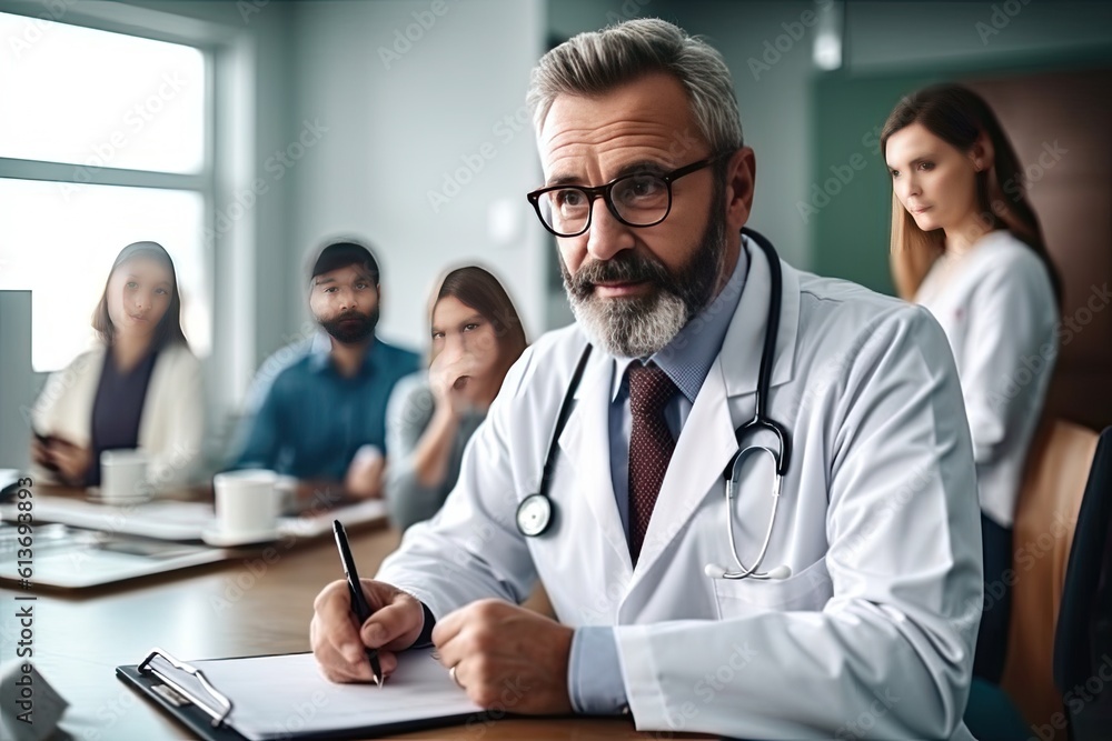 Doctor and female patient discussing something while sitting at the table in the office. Medicine and health care concept. Doctor and female patient discussing something while sitting at the table in the office. Medicine and health care concept.