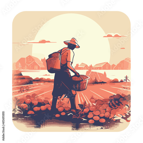 Standing adult carrying fruit basket in rural scene