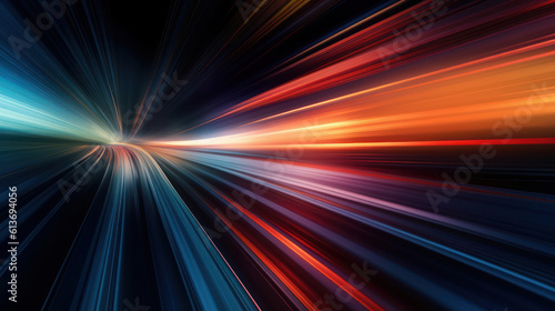 Abstract long exposure dynamic speed light trails background. AI generation