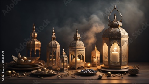 arabic lantern of ramadan celebration background illustration. decoration, copy space, banner. Generative AI 