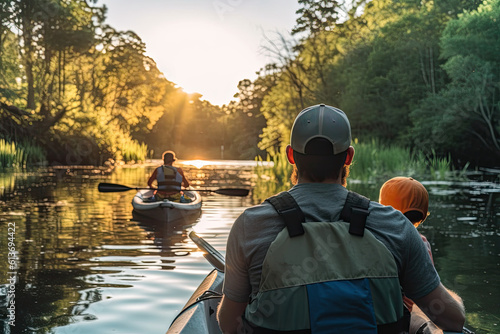A shot from behind father and son with kayak. Generative AI