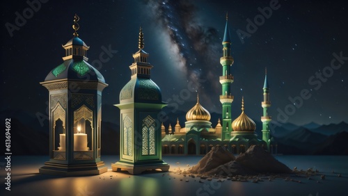 ramadan with beauty mosque celebration background template illustration. banner, decoration. generative ai