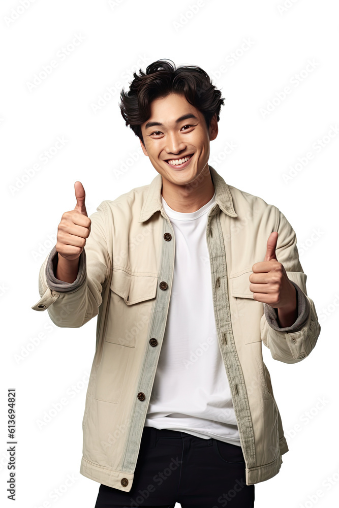 A handsome Asian man showing thumbs on white background. Generative AI A handsome Asian man showing thumbs on white background. Generative AI