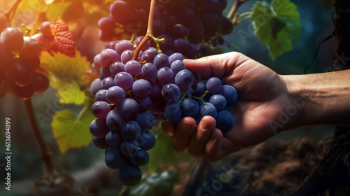 hand holding a ripe bunch of grapes. Generative Ai. 