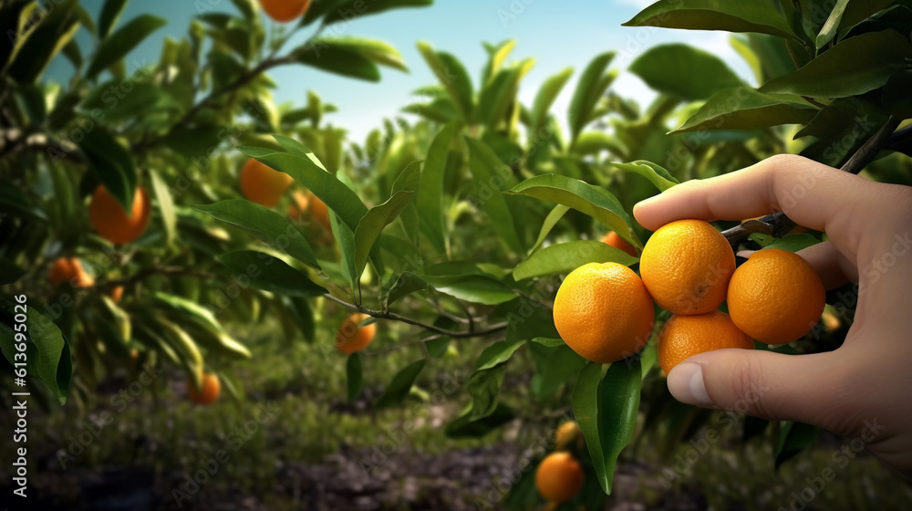 man's hand plucks ripe oranges from a tree. Generative Ai. 