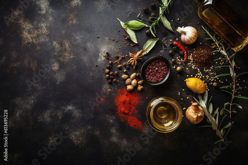 Different seasonings in cups. Spice background on the table, generative ai