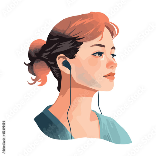 Smiling woman in headphones listen to music