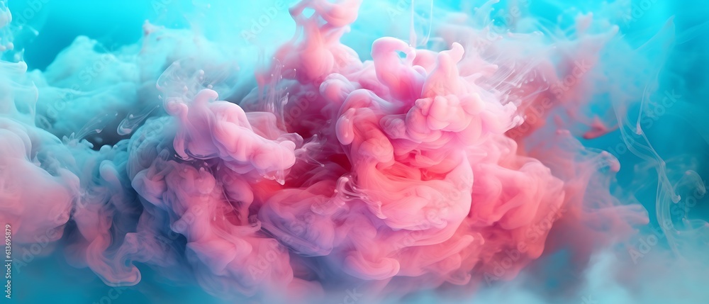 Fototapeta premium dreamy pastel teal and pink smoke gracefully swirling on an abstract background. generative AI