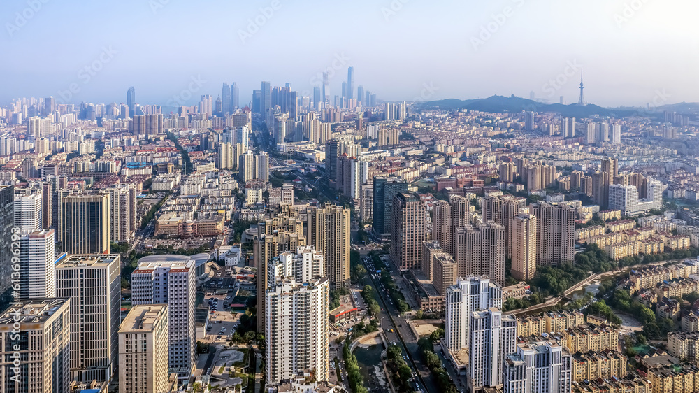 Aerial photography of the architectural landscape skyline in the CBD of Qingdao city center