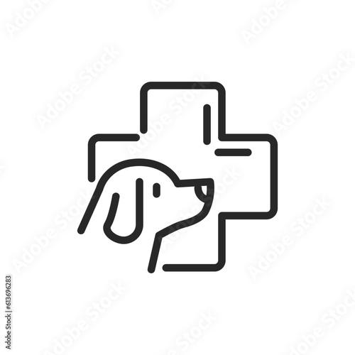 Dog Veterinary Service Icon. Vector Outline Editable Sign of Veterinary or Canine Care Services for Dogs. Illustration of Dog in Front of a Health Cross