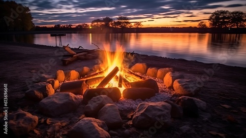 Experience a glowing campfire by the lake, with a stunning sunset and the warmth of open flames, fire, and logs. Enjoy beach camping at night amidst the serene lake landscape. generative ai © SITI