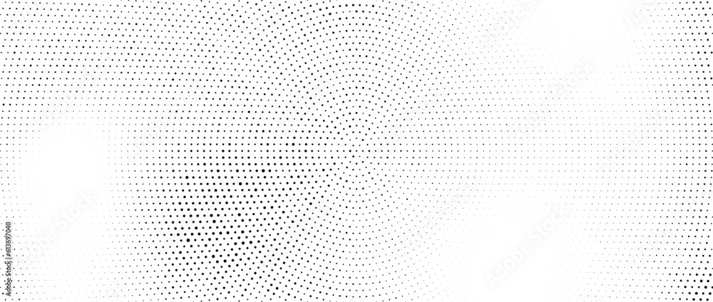 Fototapeta premium Radial halftone dots. Spotted and dotted stains gradient background. Concentric comic texture with fading effect. Black and white rough gritty wallpaper. Grunge monochrome geometric backdrop. Vector