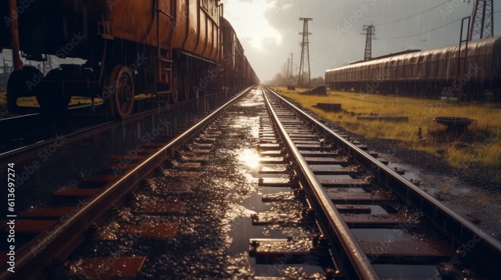 unclaimed rusty freight wagons derailed or on abandoned branches. wartime, crisis, misfortune, disaster. environment and insurance concept.Generative AI unclaimed rusty freight wagons derailed or on abandoned branches. wartime, crisis, misfortune, disaster. environment and insurance concept.Generative AI