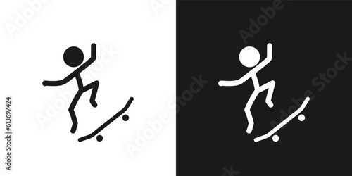 Skateboarding icon pictogram vector design. Stick figure man skateboarder jumping on the skateboard vector icon sign symbol pictogram