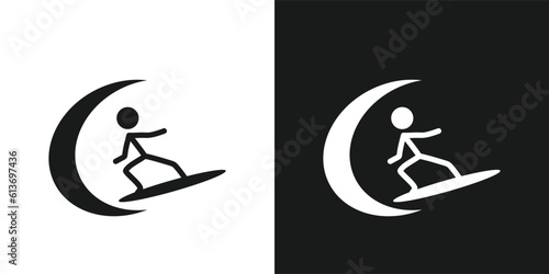 Surfing icon pictogram vector design. Stick figure man surfer on the surfing board and waves vector icon sign symbol pictogram. Water sports concept