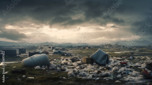 environmental impact of garbage with a thought-provoking image of a landfill site  showing discarded waste and plastic items scattered around  under overcast skies to emphasize the urgent need for was