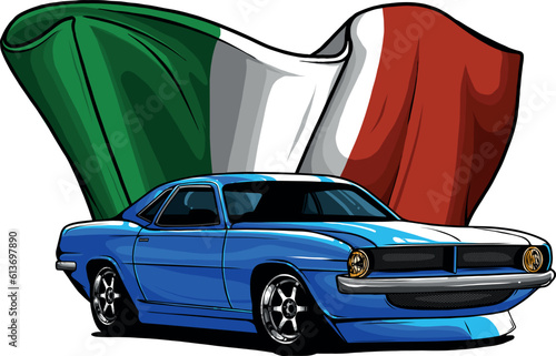 vector illustration of amercican muscle car with italian flag photo